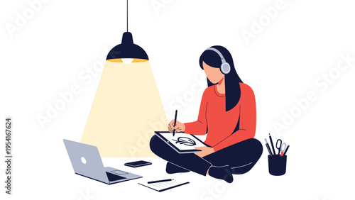 Young woman working late at night while sitting on the floor with her laptop and a digital tablet under a bright lamp.