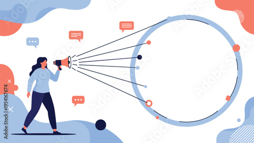 Creative marketing concept showing a woman speaking through a megaphone into a large circular frame for message distribution.
