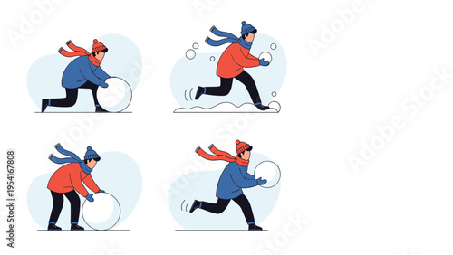 Seasonal winter illustration showing the stages of a person making a snowball and running across a snowy field to play.