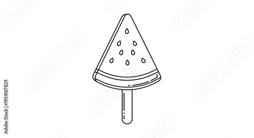 Refreshing watermelon slice shaped ice cream popsicle on a wooden stick in a simple black and white line art drawing.