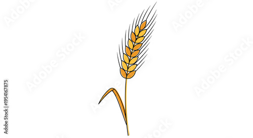 Single stalk of ripe golden wheat with seeds and a small leaf in a simple and clean illustration for farming and food themes.