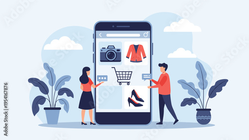 Consumers standing next to a large mobile phone screen to browse an online shopping application with various product categories.