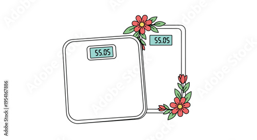 Digital bathroom scale displaying a weight and decorated with beautiful pink flowers and green leaves for a health theme.