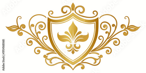 Elegant golden heraldic shield with fleur de lis and ornate floral flourishes, vector