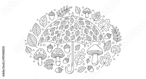 Autumn themed composition with an umbrella surrounded by various falling leaves, mushrooms, and acorns for coloring fun.