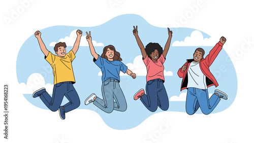 Group of multiethnic friends jumping in the air against a blue sky to express happiness success and youthful energy.