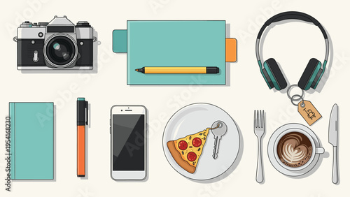 Flat lay arrangement of everyday items including a camera smartphone pizza slice coffee cup and headphones on a table.