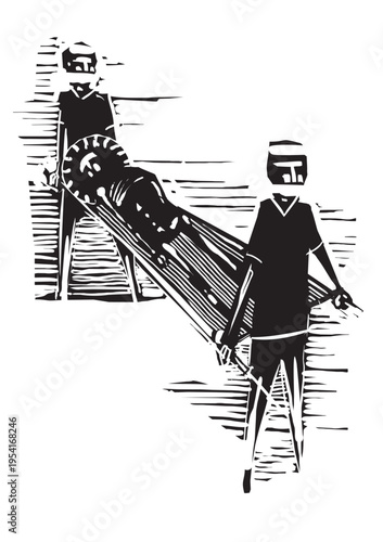 Woodcut expressionist style image of two men in masks carrying a dead man of covid on a stretcher