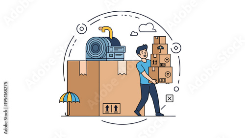 Man carrying a stack of cardboard boxes while preparing for a move with larger shipping containers in the background.