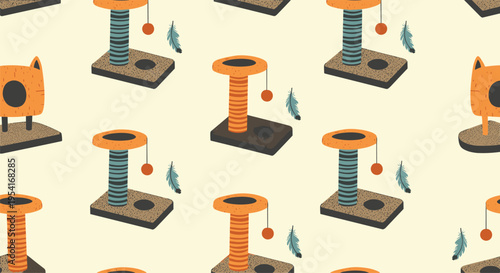 Seamless pattern of cat scratching posts and interactive toys in warm orange and brown tones on a light background.