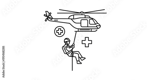 Helicopter rescue operation with medical assistance symbol.