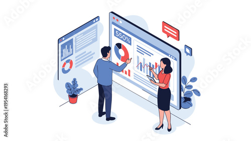 Two analysts examining business data and performance metrics on a large computer screen in a modern data science office.