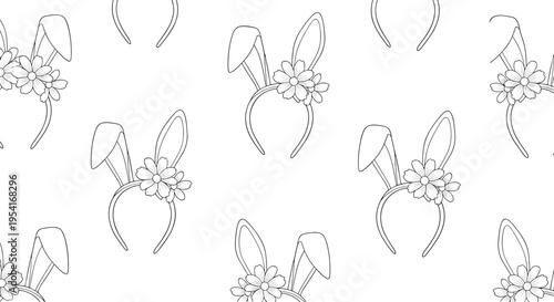 Seamless pattern of white bunny ear headbands decorated with pretty flowers for Easter celebrations and spring themes.