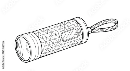 Linear drawing of a modern portable flashlight with a textured grip and a convenient carrying strap for outdoors.