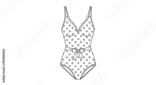 Outline of a vintage-style one-piece swimsuit with a classic polka dot pattern and a decorative bow at the waist.