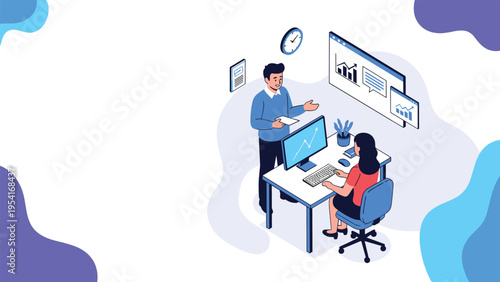Male business executive presenting analytical financial data to a female colleague working at a desk in a modern office.