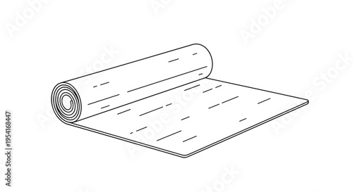 Simple line drawing of a rolled-up yoga or exercise mat partially unfolded on a plain white background for fitness.