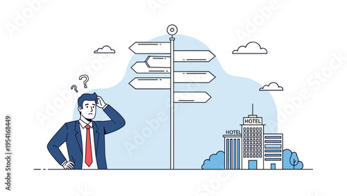 Confused businessman standing near a multidirctional signpost while trying to find the correct way to a nearby hotel building.