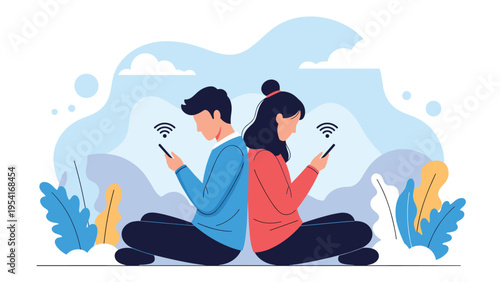 Young couple sitting back to back while ignoring each other to focus on their individual mobile phones with internet access.