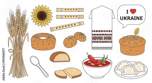 Comprehensive collection of traditional Ukrainian cultural items including food, instruments, and national clothing.