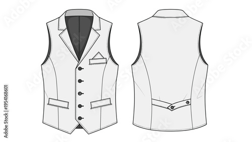 Technical fashion drawing showing the front and back views of a classic tailored white waistcoat with buttons and pockets.