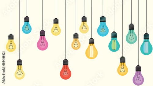 Background of numerous colorful and diverse light bulbs hanging at different heights to represent creative ideas and innovation.