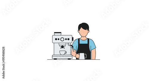 A cartoon barista stands next to an espresso machine and a milk pitcher on a plain white background.