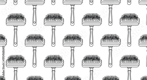Seamless pattern of professional pet grooming brushes with ergonomic handles in a black and white line art style.