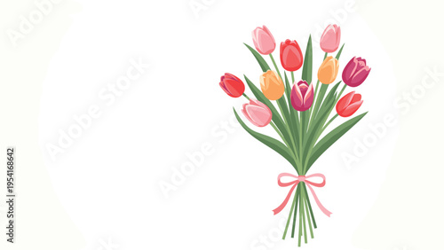 Elegant bouquet of multi colored tulips including pink, red, and orange flowers tied with a pink ribbon on a white background.
