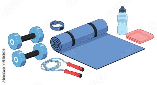 Various fitness equipment items, including dumbbells, a yoga mat, and a water bottle, are arranged on a light blue-grey surface.