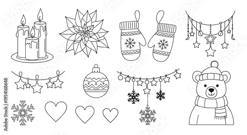 Winter holiday coloring page elements including candles, mittens, bear, ornaments, and star garlands in line art.