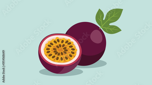 Ripe purple passion fruit shown as a whole fruit with a leaf and a cross section revealing the yellow seeds and pulp inside.
