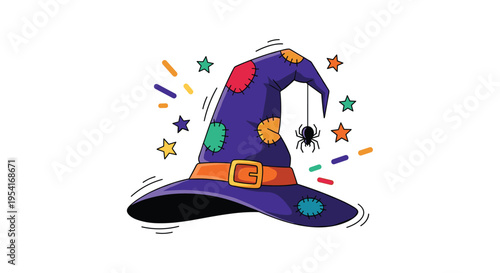 Colorful wizard hat with patches and a hanging spider surrounded by bright stars for magical fantasy themes.
