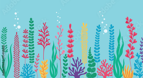 Illustration of various colorful seaweeds, corals, and underwater plants on a serene light blue background.