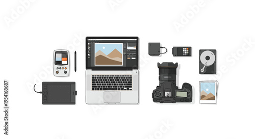 Various photography and graphic design equipment are arranged in a flat lay on a white surface.