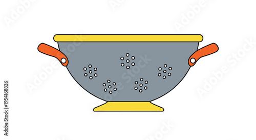 Stainless steel colander with bright orange handles sits against a plain white background for kitchen equipment catalog.