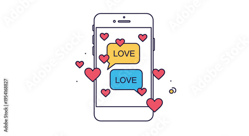 Smartphone display showing love chat messages with red hearts floating around symbolizes digital romance and communication.