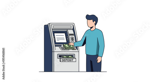 A man in a blue shirt is depositing a stack of banknotes into a grey ATM machine on a white background.