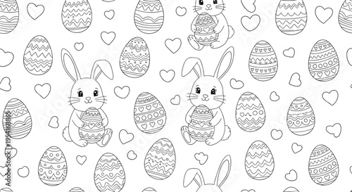 Black and white coloring page pattern features cute Easter bunnies holding decorated eggs surrounded by small hearts and shapes.