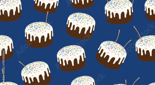 Delicious traditional Easter cakes with white icing and colorful sprinkles create a festive seamless pattern for holiday decor.