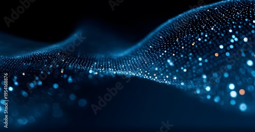 A captivating abstract visualization of a dynamic digital wave with luminous blue and white particles gently flowing and shimmering across a deep dark background with elegant soft bokeh elem
