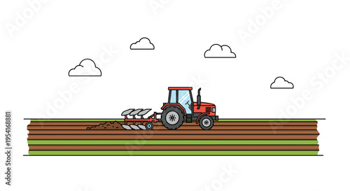 A red tractor with a plow is tilling brown soil in a field under a sky with three white clouds.