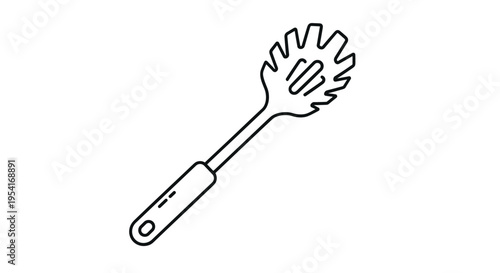 Simple black outline of a plastic spaghetti server with a long handle and teeth for grabbing pasta is used as a kitchen icon.