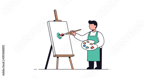 A male artist in a teal apron paints on a white canvas placed on an easel, holding a palette in a studio setting.