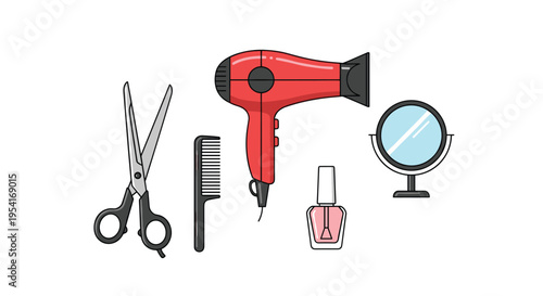 A collection of salon tools including silver scissors, a black comb, a red hairdryer, pink nail polish, and a small mirror are displayed.