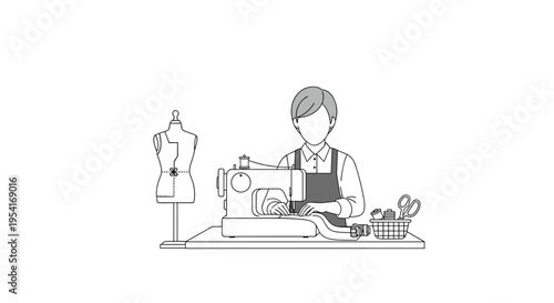 A person wearing an apron sits at a table operating a sewing machine with fabric, a mannequin, and tools nearby.