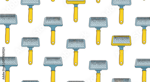 Organized seamless pattern featuring various pet grooming brushes with yellow handles on a clean white background for shop.