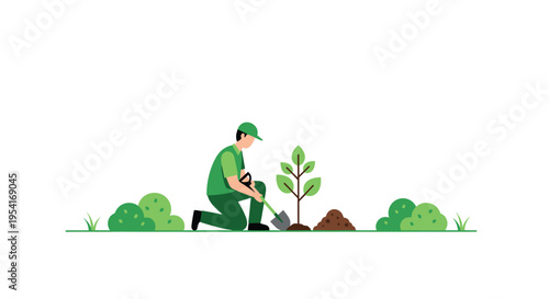 A person in a green uniform kneels and uses a shovel to plant a small tree next to a mound of soil.