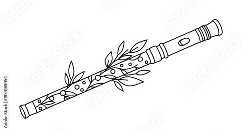 Artistic black outline of a musical flute decorated with elegant leaf branches for creative music and nature illustrations.