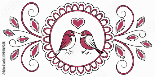 Decorative illustration of two love birds and heart, vector